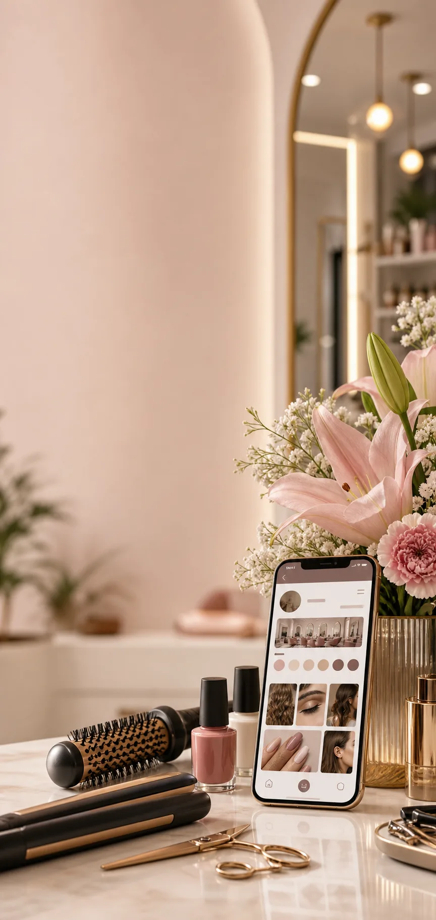 Premium salon styling scene with beauty tools and a phone preview